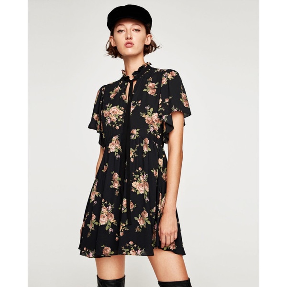 Flutter sleeve dark floral minidress
